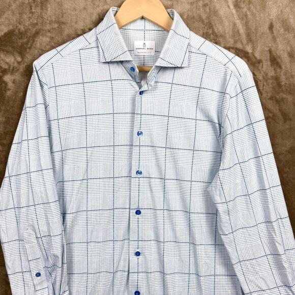 Emanuel Berg Modern Fit Checkered Dress Shirt Men M/L Blue White Stretch Soft - Picture 2 of 13